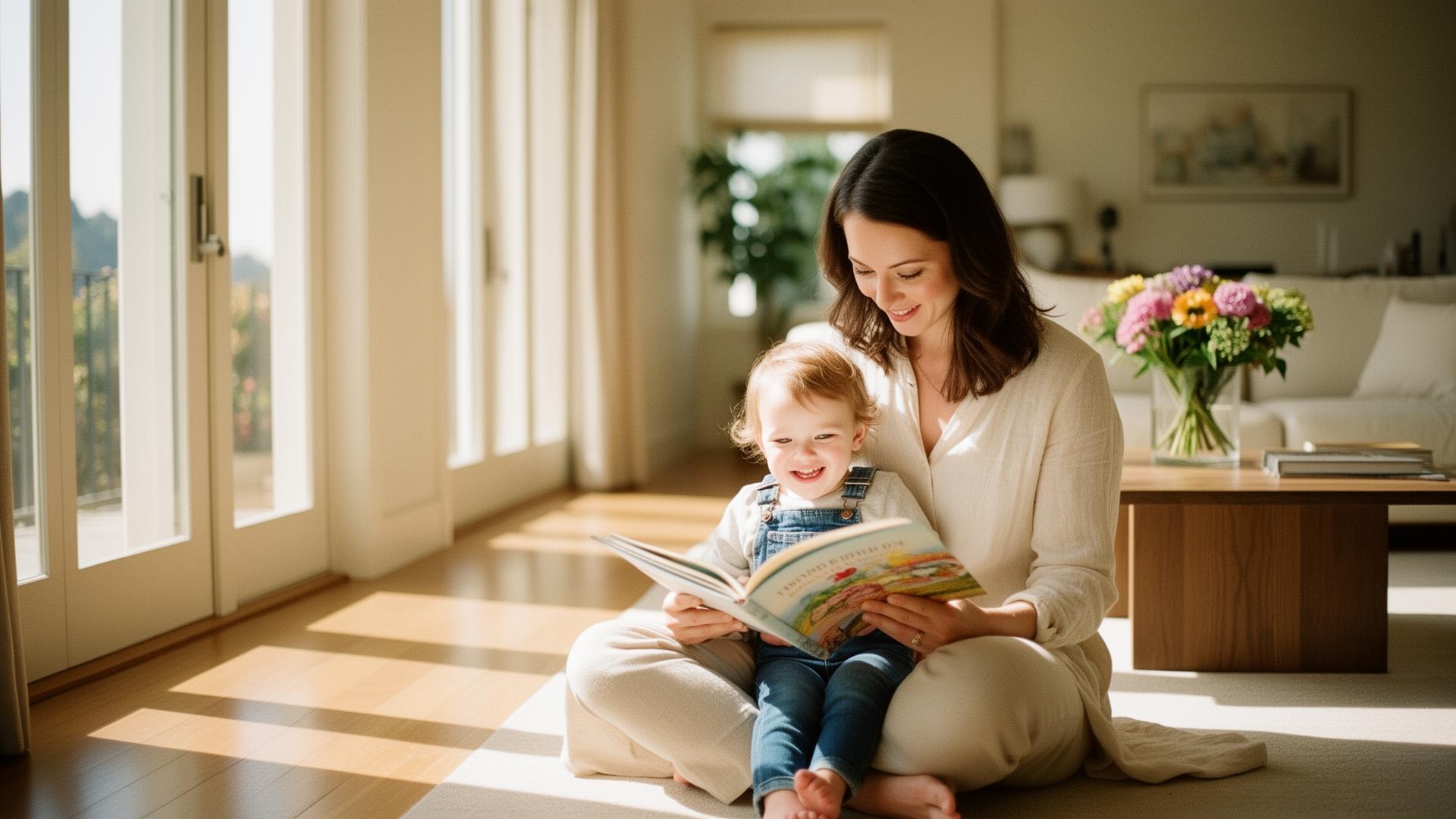 Professional nanny reading with a child in a sunlit Bay Area home